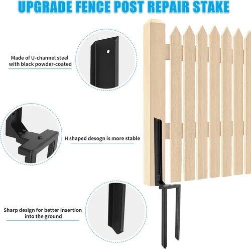 Vista 4 de Estacas de reparación de postes de acero resistente, 2 piezas de anclaje de poste de valla de doble punta de tierra para reparación de postes