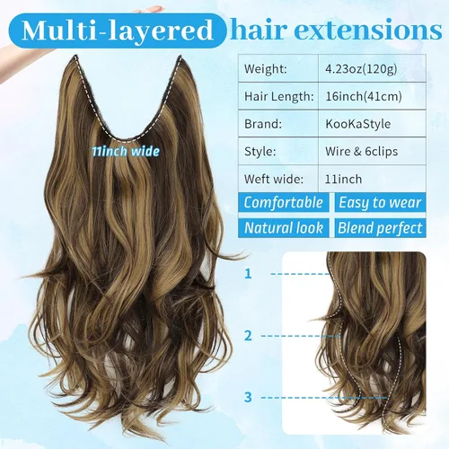 Vista 4 de KooKaStyle Extensiones de Cabello con Alambre Invisible, Largas, Lacias, en Capas, Sintéticas con Alambre Transparente, Tamaño Ajustable, 6 Clips