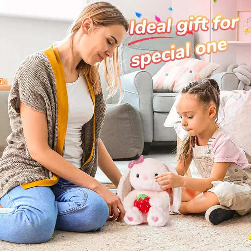 Vista 6 de Conejo de Fresa de Peluche con Orejas Caídas, Animales de Peluche Rosa Esponjosos con Fresa, Juguete Blando para Regalo para Niños, Niñas y Niños