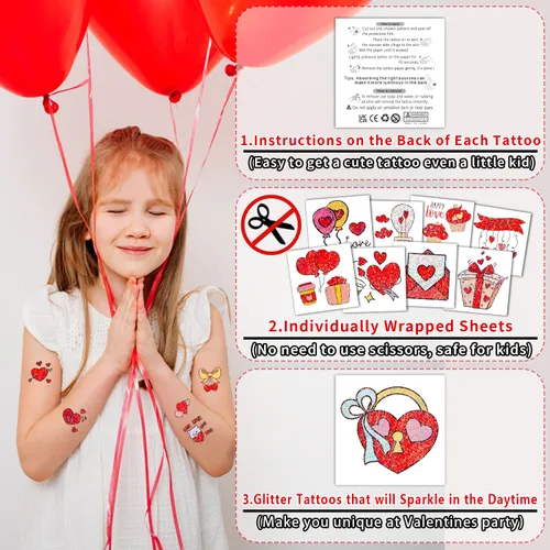 Vista 2 de Partywind 204 estilos de purpurina para el día de San Valentín, tatuajes temporales para niños, suministros de fiesta de San Valentín, regalos