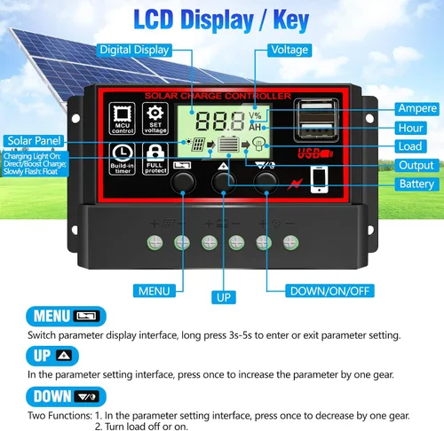 Vista 4 de Controlador de carga solar de 30A [Actualizado], regulador inteligente de batería de panel solar negro con puerto USB dual 12V/24V PWM, parámetro