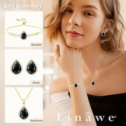 Vista 4 de Linawe - Collar de diamantes en forma de lágrima, collar con forma de pera, collar con dije de circonia cúbica y piedras preciosas, collar