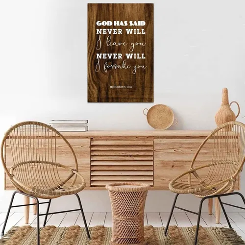 Vista 4 de Letrero de madera rústico con texto en inglés "God Has Said Never Will I Leave You Never Will I Forsake You Hebrews con texto en inglés Saying