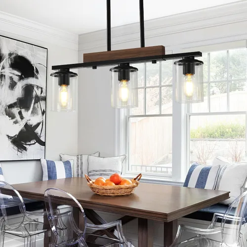Vista 7 de Lámpara de isla de cocina de 23.6 pulgadas, lámpara de 3 luces para comedor sobre mesa, lámpara colgante de techo de madera rústica moderna negra