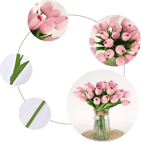 Vista 3 de 30 tulipanes reales al tacto, flores de poliuretano, tulipanes artificiales para arreglos de boda, fiesta, Pascua, primavera, hogar, comedor, Rosa