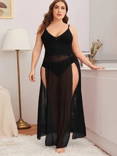 Vista 4 de SOLY HUX Vestido de lencería de malla larga dividida para mujer talla grande babydoll Negro