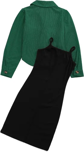 Vista 2 de GERU Vestido ajustado de 2 piezas para niñas pequeñas, sin mangas, con tirantes delgados, con chaqueta cálida para exteriores, 3 a 12 años