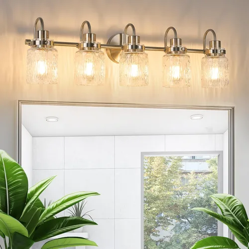 Vista 13 de 2 luces de tocador de baño, lámparas de baño de níquel cepillado con pantalla de vidrio martillado para tocador, sobre espejo, pasillo