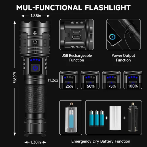 Vista 4 de Linternas recargables de alta luminosidad, potentes linternas tácticas de 990 000LM y 5 modos de iluminación ajustable, impermeables