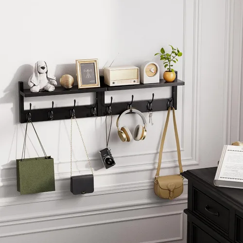 Vista 7 de STELLSTAR Perchero con estante, paquete de 2 perchas de bambú para montar en la pared con 8 ganchos para entrada, pasillo, cocina, baño, sala