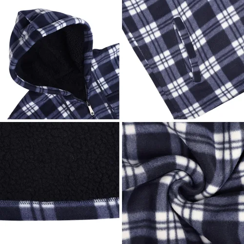 Vista 7 de Chaqueta de franela a cuadros para hombre, de felpa con capucha, sherpa con cremallera, pesada y gruesa, cálida para invierno