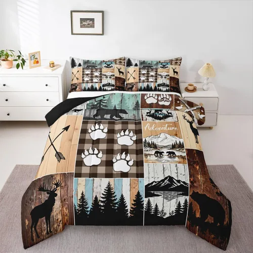 Vista 12 de Juego de edredón de oso rústico tamaño individual para mujeres adultas, ropa de cama con estampado de oso salvaje y animales salvajes, relleno