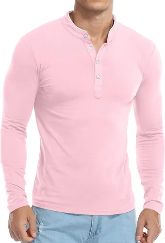 Vista 4 de KUYIGO Camisas polo casuales de manga larga para hombre, cuello mandarín, ajuste delgado, tops de algodón a la moda