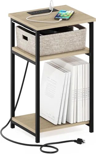 Vista 31 de Furinno Claude Mesa Auxiliar, Mesa Lateral de Mediados de Siglo con Estación de Carga, Mesita de Noche con Patas de Madera, Mesa de Cabecera