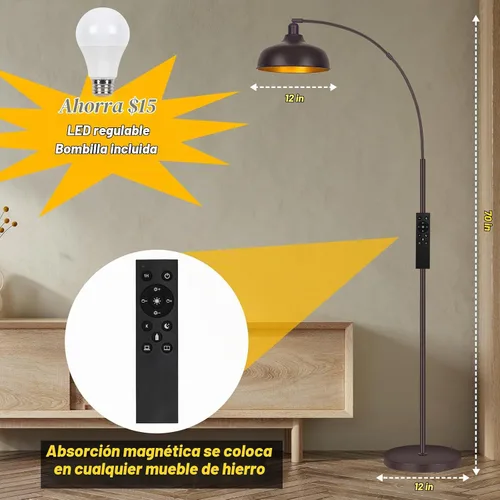 Vista 4 de Lámparas de pie de arco bronce, lámparas de pie para sala de estar con control remoto, interruptor de pie, pantalla de metal, lámpara de pie