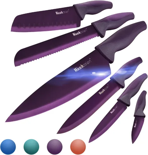 Vista 8 de Wanbasion Juego de cuchillos de cocina profesional negro, de acero inoxidable, apto para lavavajillas con fundas