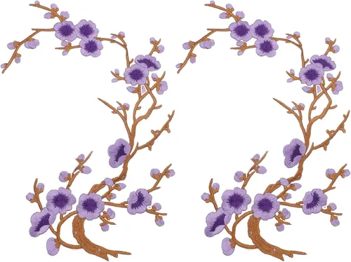 Vista 22 de MECCANIXITY 2 piezas de parches termoadhesivos de flor de ciruelo, apliques de bordado de flores para coser, apliques de decoración para agujeros