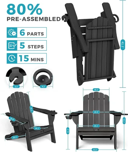 Vista 3 de Silla Adirondack plegable, silla Adirondack de HDPE con 2 soportes para tazas, sillas para fogatas al aire libre de fácil montaje para patio