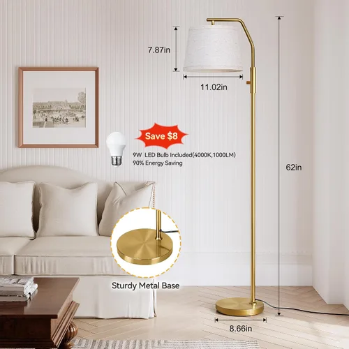 Vista 4 de SUNMORY Lámparas de pie para sala de estar, bombilla de 9W incluida, lámpara para dormitorio con cabezal ajustable, lámpara de pie con interruptor