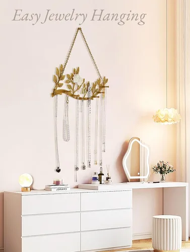 Vista 3 de Organizador de collar de joyería montado en la pared con 8 ganchos y 43 agujeros, aretes perfectamente colgantes, pulseras y llaves, decoración