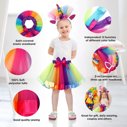 Vista 5 de Simplicity - Falda tutú de tul con forma de arco iris, con diadema de unicornio y lazo para el pelo