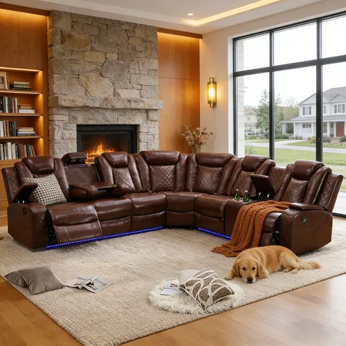 Vista 25 de Juego de sofá seccional reclinable de cuero, sofá seccional con 4 sillones reclinables Juegos de muebles de sala con 3 reclinables, luz LED