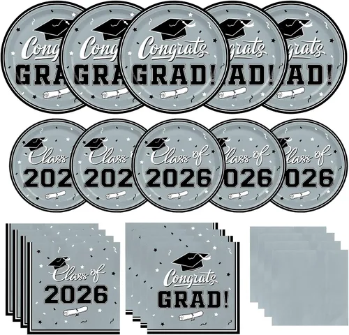Vista 10 de Platos y servilletas de fiesta de graduación, decoraciones de graduación de clase de 2026, platos de papel desechables negros y dorados, servilletas