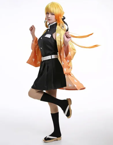 Vista 4 de Miccostumes Conjunto de uniforme de blusa y falda para mujer, kimono con abrigo