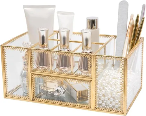 Vista 7 de FSyueyun Estuche organizador de maquillaje dorado, 3 capas de almacenamiento de maquillaje de vidrio, organizador de cosméticos, soporte de anillo