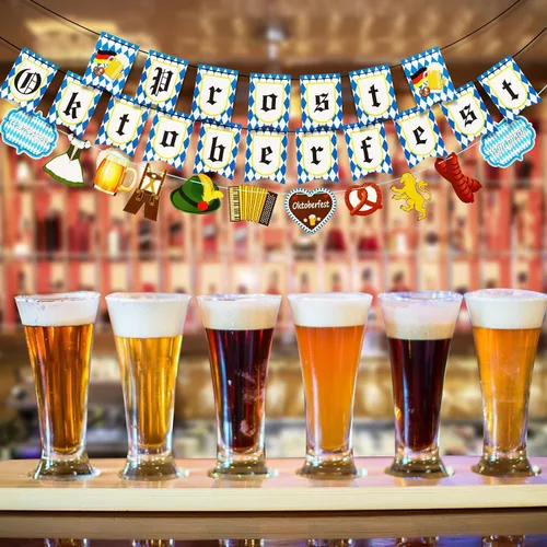 Vista 5 de Cartel de Oktoberfest, 3 piezas de bandera de Oktoberfest Prost decoración colgante guirnalda blanca y azul bávara de cerveza alemana festival