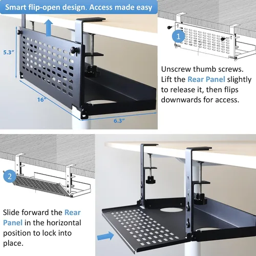 Vista 2 de AEONS Bandeja universal para organizar cables debajo del escritorio, montaje con abrazadera, organizador de panel modesto con bisagras