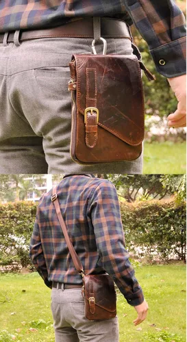 Vista 7 de Le'aokuu Bolsa para la cintura, cartera al hombro, pequeña bolsa mensajero, cangurera café de cuero genuino para hombre, Coffee), 611-1