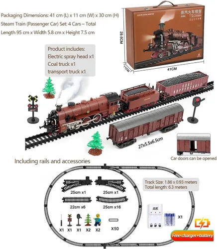 Vista 4 de Juego de tren eléctrico, modelo de locomotora de aleación con carro y pista larga, regalo para adolescentes y adultos (modelo 22918/rojo)