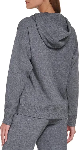 Vista 3 de DKNY Suéter de manga larga con capucha y cordón para mujer, de mezcla de algodón marfil, con bolsillos y cordón