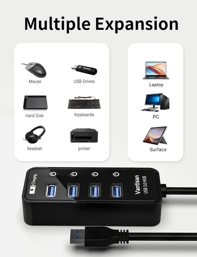 Vista 4 de vantisan Concentrador USB 3.0 alimentado, extensión USB de 4 puertos USB Hub Splitter (4 puertos de datos USB 3.0 + 1 puerto de carga inteligente)