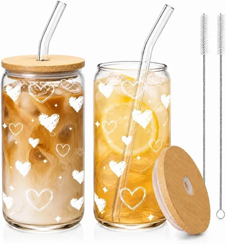 Vista 14 de Tazas de vidrio con tapas y pajitas de 16 onzas, set de 16 – Tazas de café helado para fiestas navideñas, reuniones familiares y anfitrionaje diario