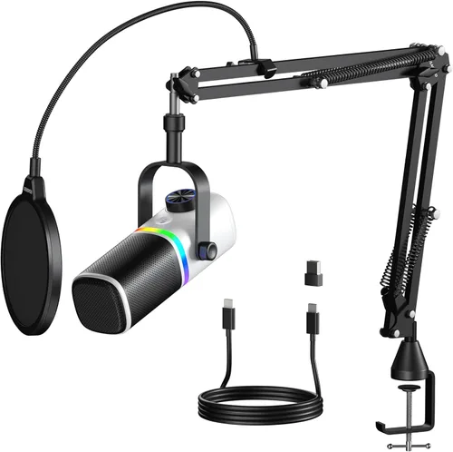 Vista 9 de Aokeo Micrófono para PC, AK-10 USB/XLR Micrófono de escritorio dinámico para juegos, podcast, transmisión con luz RGB, control de volumen, botón