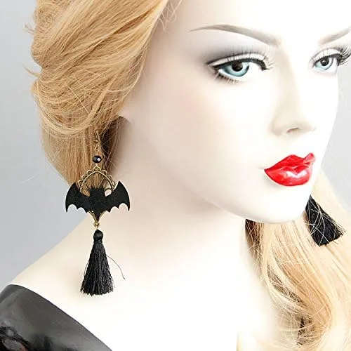 Vista 6 de Caiyao Aretes colgantes de borla de calavera de Halloween para mujeres y niñas, hechos a mano, diseño de esqueleto gótico, punk, joyería ligera, día