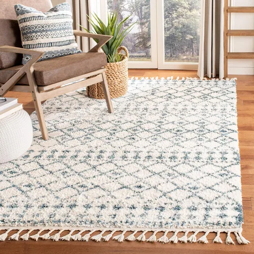 Vista 20 de SAFAVIEH Berber Fringe Shag Collection - Alfombra decorativa de 2 pies 2 pulgadas x 4 pies, color crema y azul, diseño, no desprende pelusa
