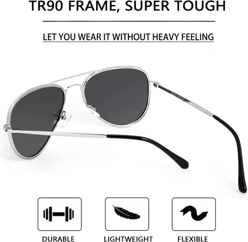 Vista 4 de MAXJULI Gafas de sol polarizadas estilo aviador para cabezas grandes para hombres y mujeres 8123 Plateado/Gris (silver frame/grey lens)