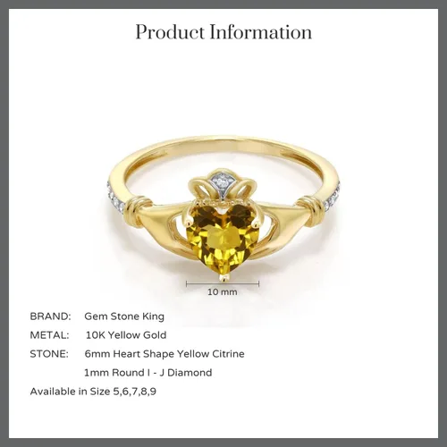 Vista 89 de Gem Stone King Anillo de compromiso claddagh celta irlandés de oro amarillo de 10 quilates con piedra preciosa en forma de corazón de 0.236 in
