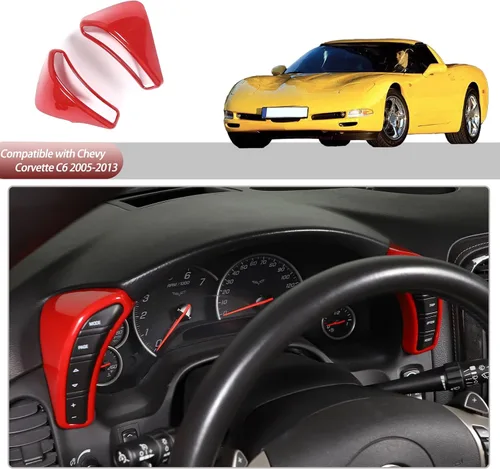 Vista 6 de Cubierta de botón de salpicadero Compatible con Chevy Corvette C6 2005-2013, marco de borde del velocímetro Cubierta de ribete de accesorios Rojo