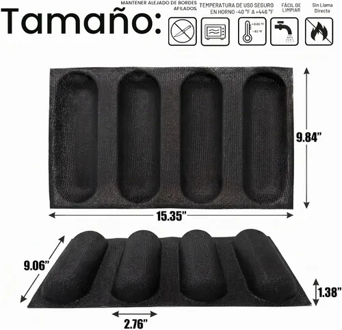 Vista 2 de Dioycli Molde de pan de silicona para hornear pan grande de baguette sartén perforada para bollos de perritos calientes, 4 panes, alfombrilla