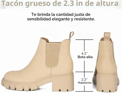 Vista 3 de Athlefit Botas Chelsea para Mujer con Suela Rugosa de Moda, Tacón Grueso, Botines de Tobillo Elásticos sin Cordones Albaricoque