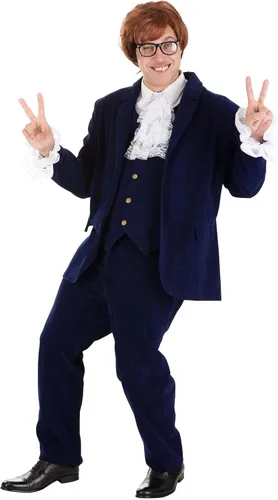 Vista 6 de Adult 60's Spy Swinger Costume Mens, Deluxe Shagadelic Navy Blue Suit Halloween Groovy Party Outfit