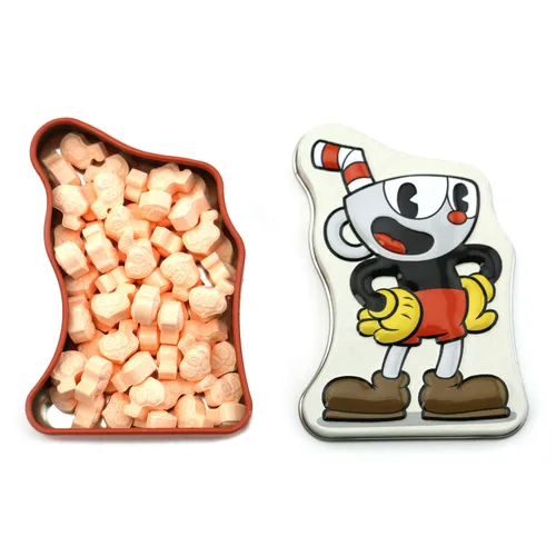 Vista 3 de CupHead Tin Candy Sours (paquete de 2) relleno de regalo sabor naranja con 2 calcomanías GosuToys