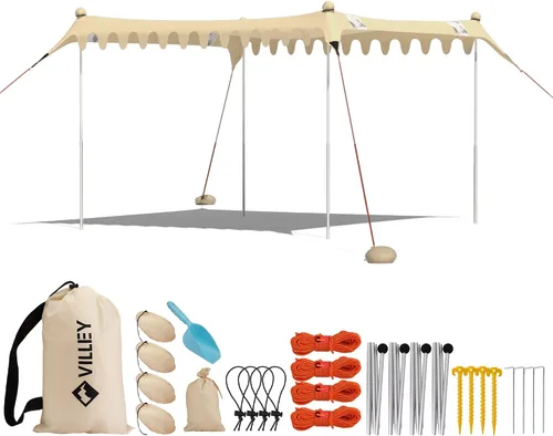 Vista 12 de Villey Tienda de campaña de playa con protección UPF50+, parasol portátil de 8 x 7 pies con 2 postes de estabilidad, 8 clavijas de tierra, 4 sacos