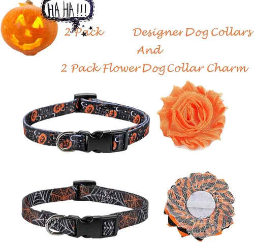 Vista 2 de Collar de perro de Halloween con flor desmontable, collar de calabaza de araña para mascotas pequeñas y cachorros