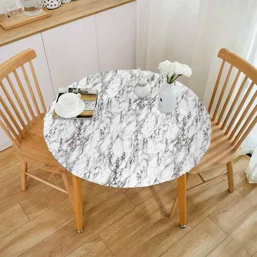 Vista 7 de Mantel redondo de vinilo de plástico ajustable con reverso de franela y borde elástico, protector de mesa impermeable para mesa de comedor