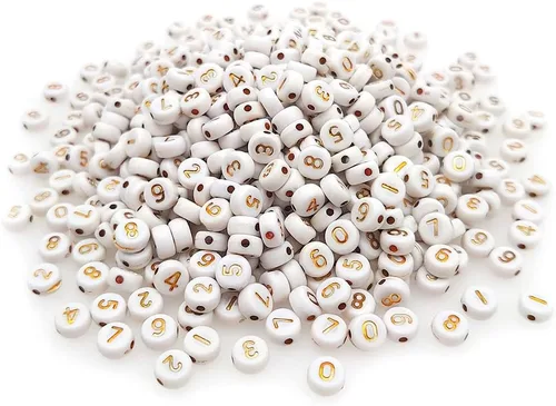 Vista 3 de Más de 500 piezas de cuentas redondas de acrílico blanco con números 0-9 de 4x7mm, cuentas sueltas de plástico de formas mixtas para hacer joyas